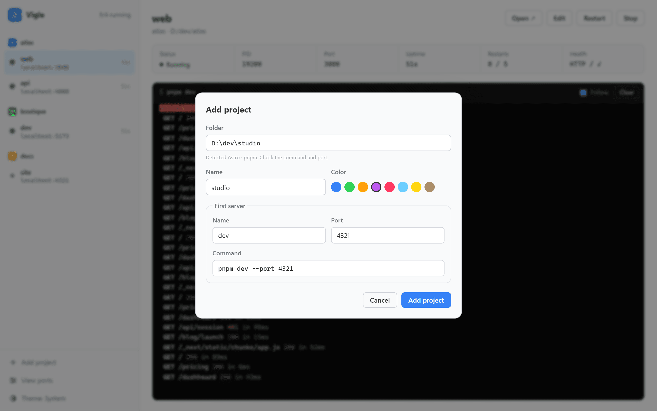 Le dialogue Add project de Vigie : le dossier D:\dev\studio est collé, Vigie a détecté Astro avec pnpm et propose la commande pnpm dev --port 4321.