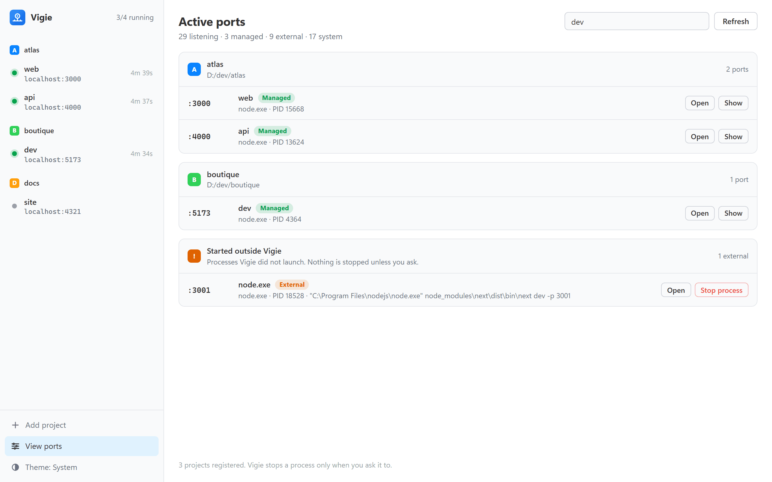 L'écran Ports de Vigie : les ports 3000, 4000 et 5173 sont gérés par Vigie, le port 3001 est tenu par node.exe, lancé en dehors de Vigie.
